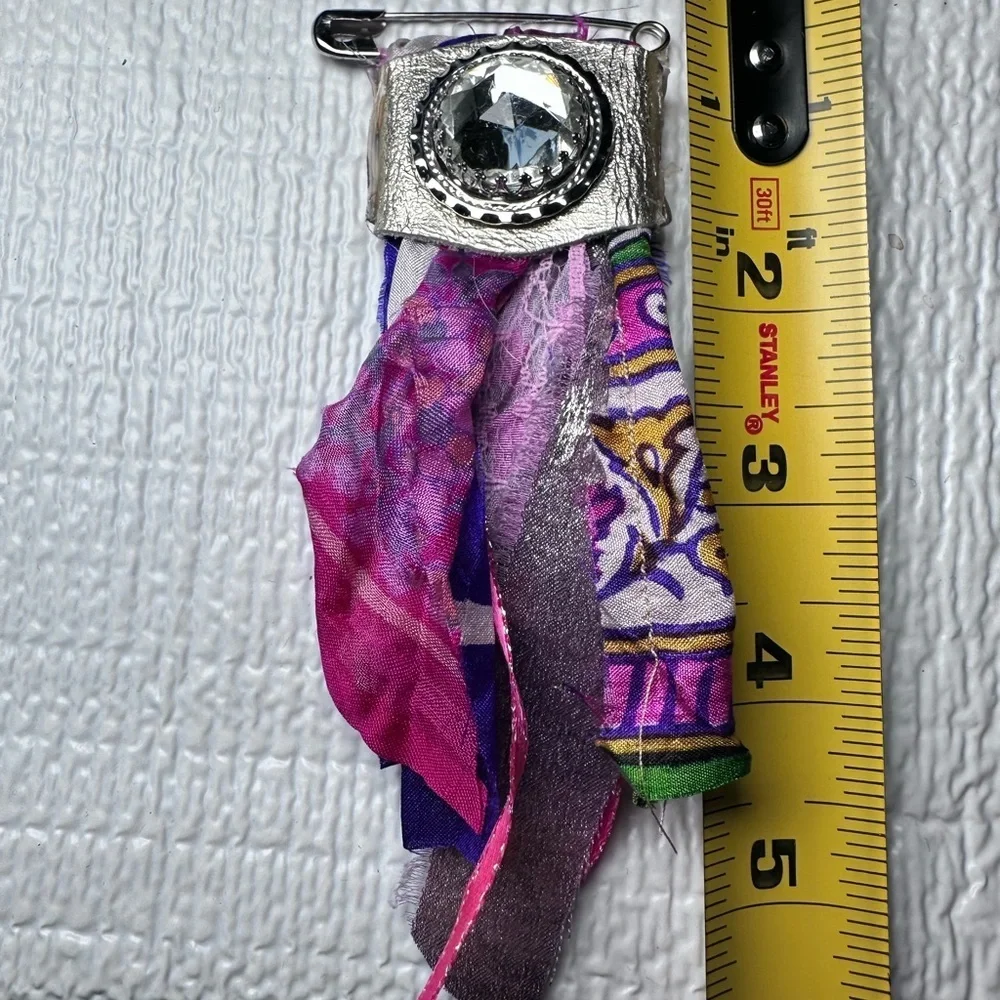 Boho | Fabric Brooch |,Hand Crafted Pin Crystal Embellished 5’ Silk and Lace